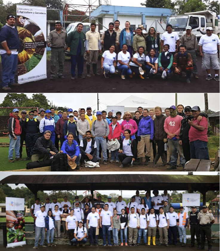 Figure 6. Participants in the minga on San Cristóbal (left), Isabela (right) and Santa Cruz (top). Photos: Ministry of Agriculture and Livestock (San Cristóbal and Isabela) y Carolina Peñafiel (Santa Cruz)